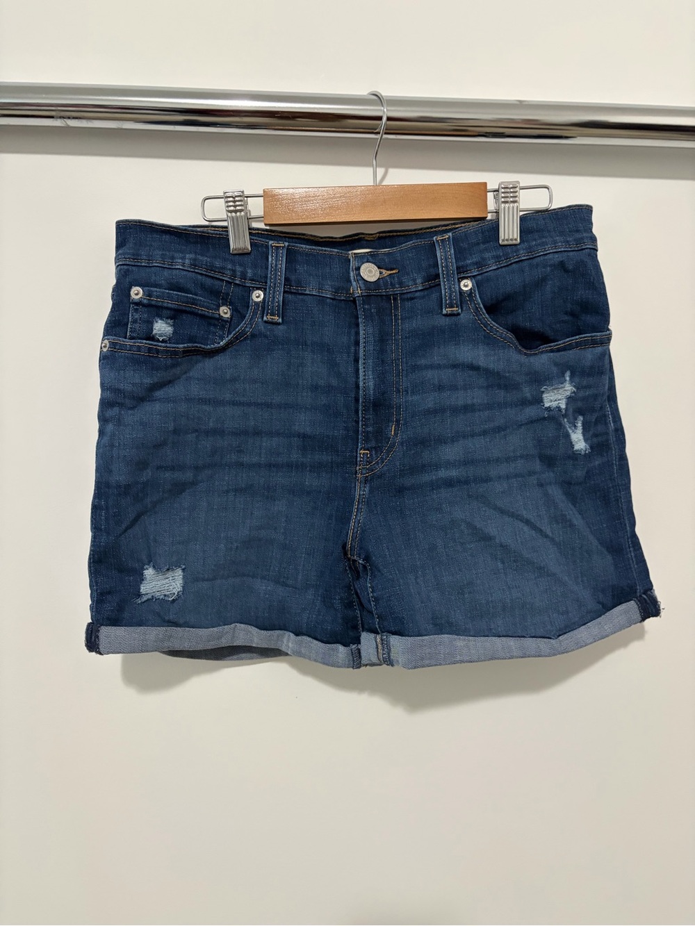 Levi's Dark Blue Distressed Denim Roll-Cuff Shorts